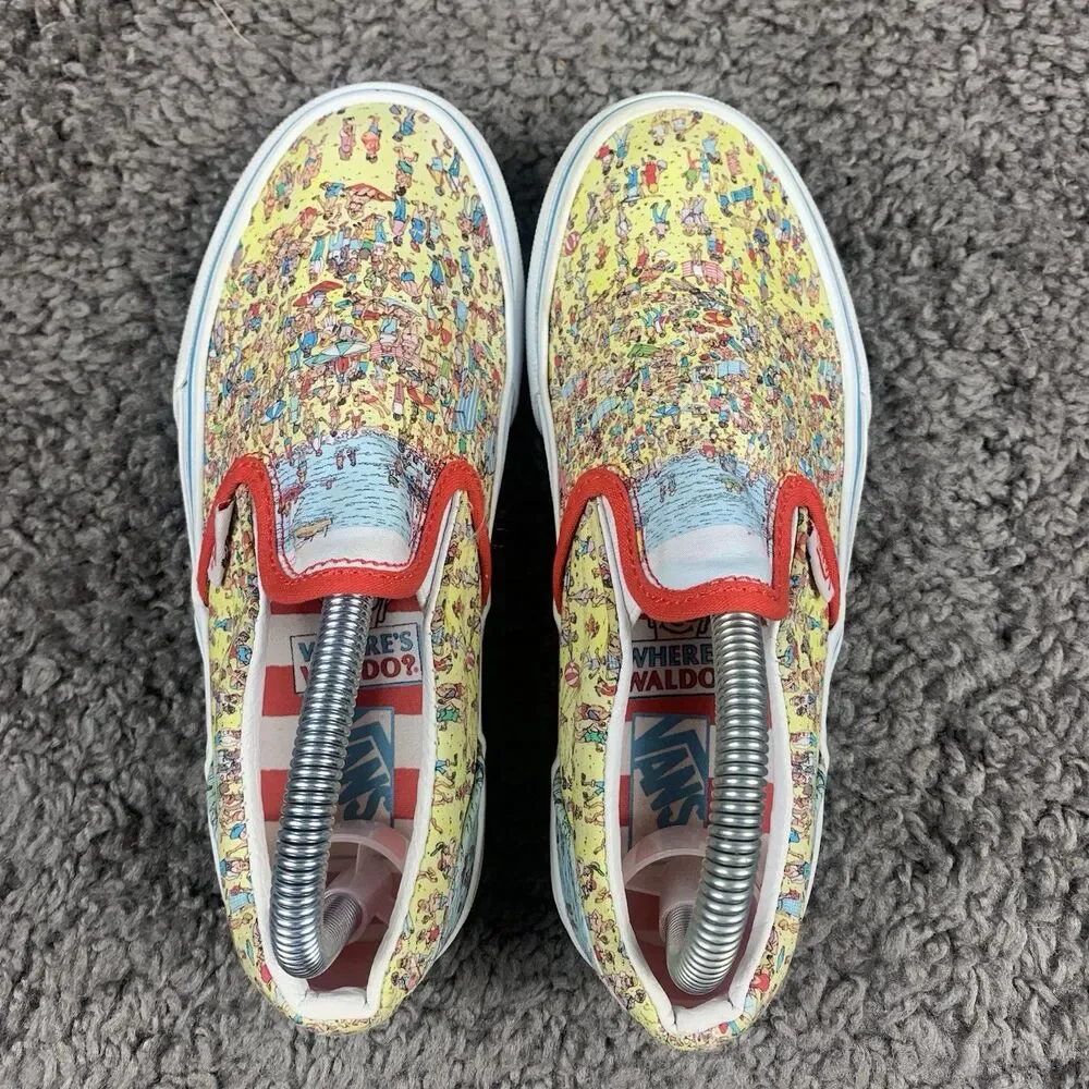 Vans X Where's Waldo Slip-On Kids Size 2 Shoes Red/Yellow Canvas
